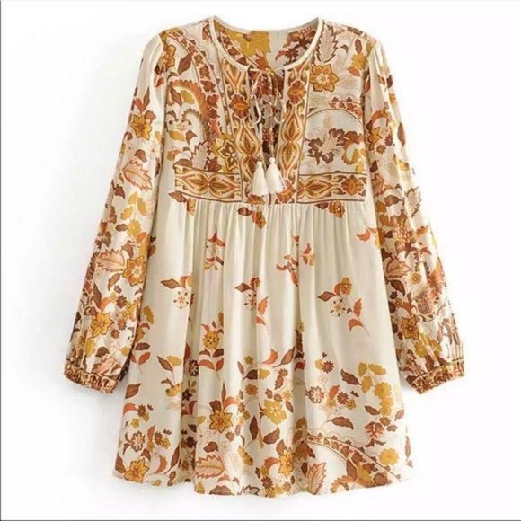 Bohemian Floral Print Tunic Peasant Top Yellow - Picture 4 of 8